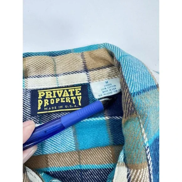 Vintage Private Property‎ Flannel Shirt Mens  M Blue Green Plaid Button Up Thick - Picture 12 of 15